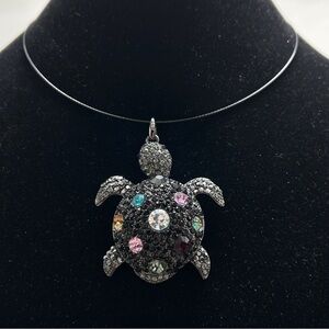 Vintage Turtle Pendant With Black, Pink And Blue Crystals, Wire Necklace, Choker